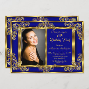 Elegantes Foto Birthday Party Royal Blue Gold Gems Einladung