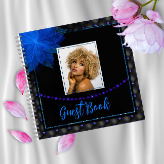 Elegantes Foto Black and Blue Birthday Gästebuch Notizbuch