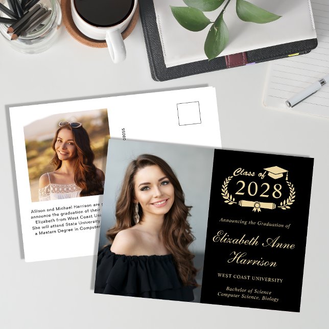 Elegantes Foto Black Gold Abschluss Postkarte (Our user-friendly template makes it a breeze to upload your photo and personalize your announcement)