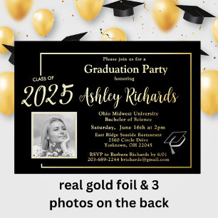 Elegantes Foto Black Gold Graduation Party Real Folieneinladung