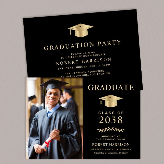 Elegantes Foto Black Gold Uni-Abschluß Party Einladung (An elegant college graduation party invitation to celebrate the graduate's achievements)