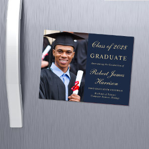 Elegantes Foto Blue Gold Uni-Abschluss Magneteinladung