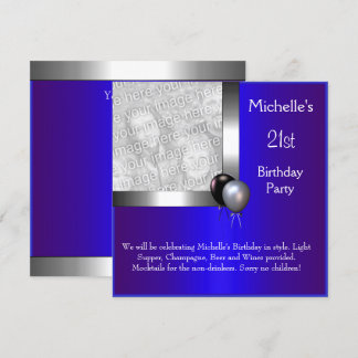 Elegantes Foto Blue Silver Ballon 21. Geburtstag Einladung