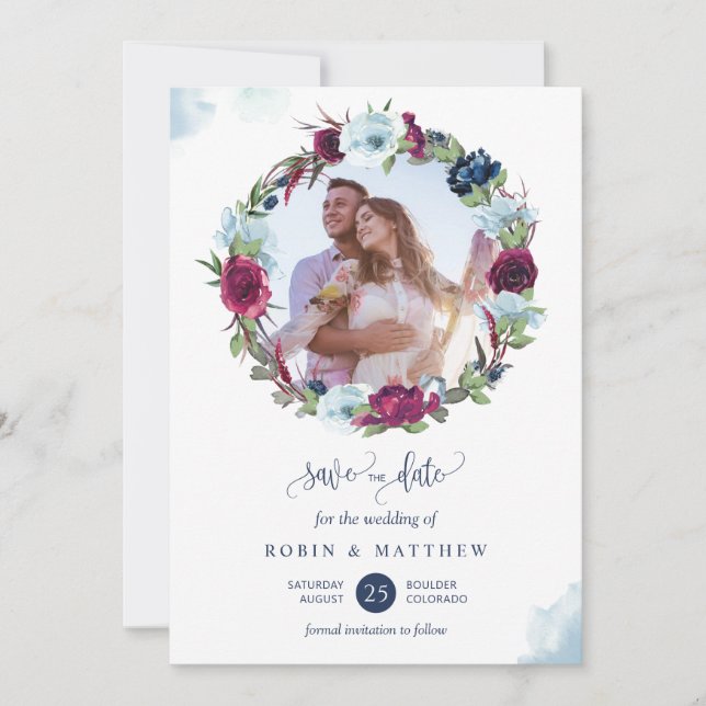 Elegantes Foto Burgundy Berry Blue Wreath Wedding Save The Date (Vorderseite)