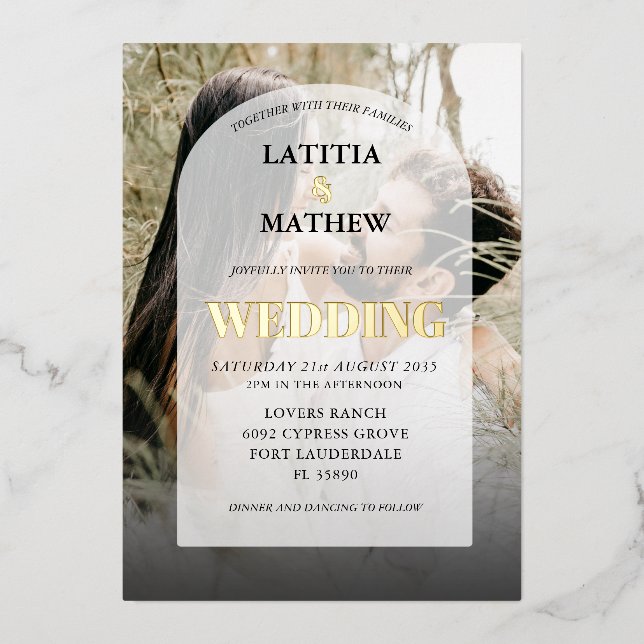 Elegantes Foto Calligraphy Arch Wedding Folieneinladung (Vorderseite)