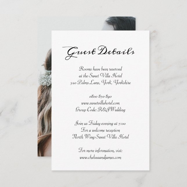Elegantes Foto Calligraphy Guest Hotel Details Begleitkarte (Vorne/Hinten)