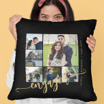 Elegantes Foto Collage Gold Drehbuch verlobtes Paa Kissen<br><div class="desc">Moderne Kissenschablone aus schwarzem Gold für ein verlobtes Paar oder Jungvermählte mit sechs individuellen Fotos und einem modernen Kalligraphieskript. Persönlich mit Ihren Bildern und Texten! Bitte beachten Sie, dass die Hintergrundfarbe geändert werden kann. Sie können das Schwarz durch eine andere Farbe ersetzen, nachdem Sie die Option EDIT VERWENDEN DES DESIGN...</div>