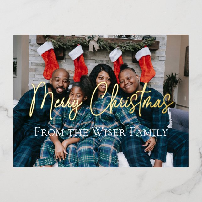 Elegantes Foto der Weihnachtsfamilie Folien Feiertagspostkarte (Vorderseite)
