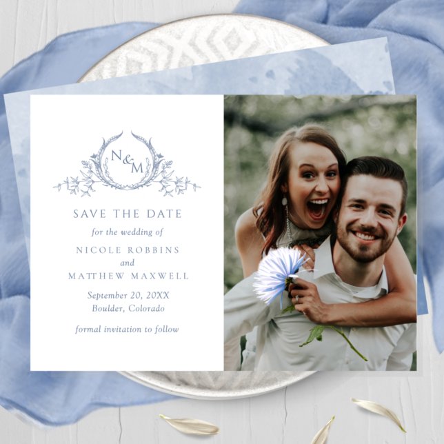 Elegantes Foto Dusty Blue Monogram Wedding Save The Date (Von Creator hochgeladen)