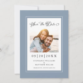Elegantes Foto Dusty Blue Save the Date Verlobung