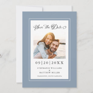 Elegantes Foto Dusty Blue Save the Date Verlobung