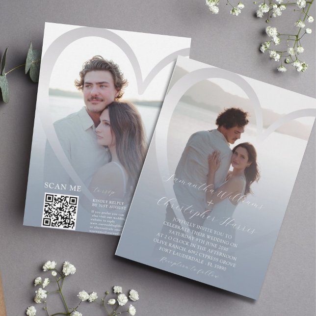 Elegantes Foto Dusty Blue & Silver Heart Wedding Einladung (Von Creator hochgeladen)