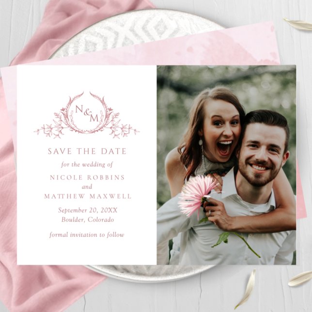 Elegantes Foto Dusty Rose Monogram Wedding Save The Date (Von Creator hochgeladen)