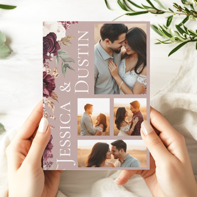 Elegantes Foto Dusty Rose Rosa Blumenhochzeit Einladung (Modern Burgundy Dusty Rose Photo Collage Wedding Invitation
)