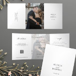 Elegantes Foto einfache Hochzeit RSVP Details QR-C Dreifach Gefaltete Einladung<br><div class="desc">Moderne, minimale Typografie-Trend Schwarz-Weiß alles in einem Budget Hochzeitseinladung Vorlage mit 2 Fotos, uAwg und Details mit dem Scannen QR-Codes mit einem schicken angesagten Kalligraphie-Skript und dunklem Overlay. Einfach mit ein oder zwei benutzerdefinierten Fotos (Sie können auf beiden Seiten dasselbe Foto hochladen) und Gast-Informationen auf beiden Seiten personalisieren! Die Einladung...</div>