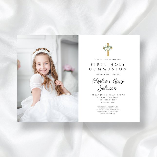 Elegantes Foto Einladung (Elegant White Floral Girl First Communion Photo Invitation)