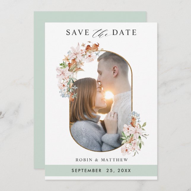 Elegantes Foto erthy Blooms mit grüner Hochzeit Save The Date (Vorne/Hinten)