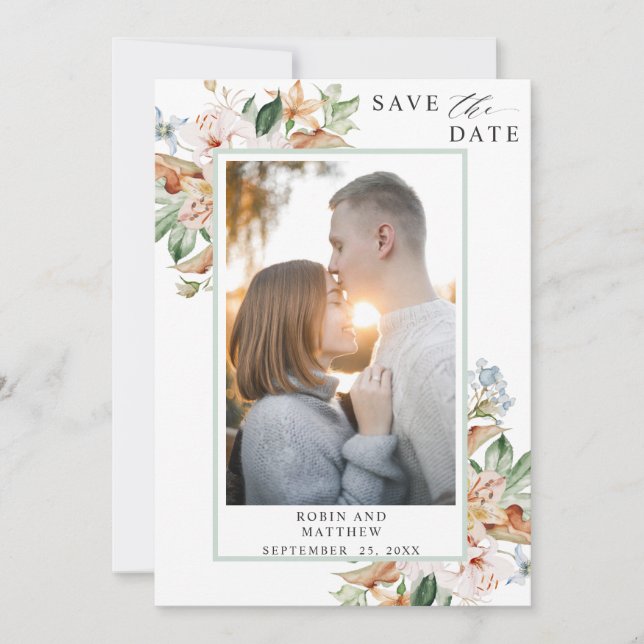 Elegantes Foto erthy Blooms und grüne Hochzeit Save The Date (Vorderseite)