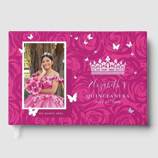 Elegantes Foto Fuchsia Quinceanera Gästebuch (Vorderseite)