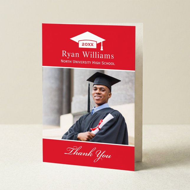 Elegantes Foto für Abschluss in Rot und Weiß Dankeskarte (Von Creator hochgeladen)