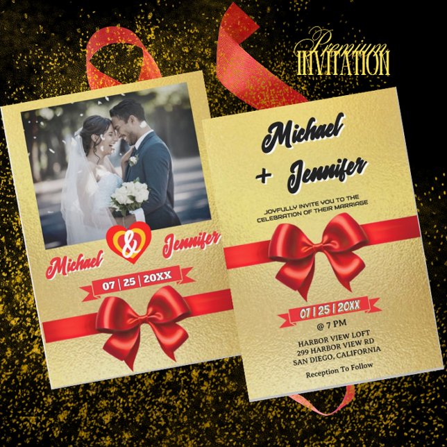 Elegantes Foto für Hochzeiten mit Gold & Red Ribbo Einladung (Von Creator hochgeladen)