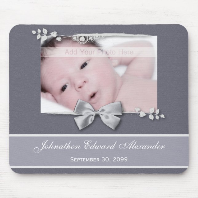 Elegantes Foto Geburtsankündigung Silver Ribbon Mousepad (Vorne)