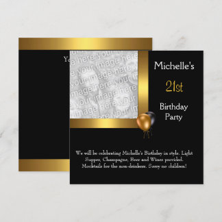 Elegantes Foto Gold Black Ballon 21. Geburtstag Einladung