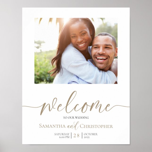 Elegantes Foto Gold Calligraphy Wedding Willkommen Poster (Vorne)