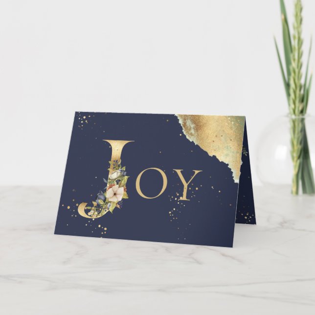 Elegantes Foto Gold Floral Blue Joy Weihnachten (Vorderseite)