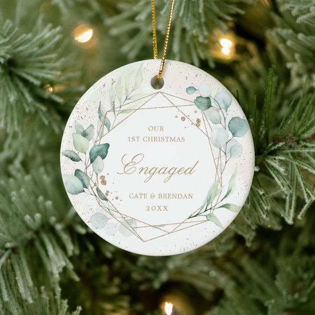 Elegantes Foto Gold Geometric Eukalyptus Verlobt Keramik Ornament (Baum)