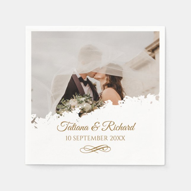 Elegantes Foto Gold Script Hochzeit Napkins Serviette (Vorderseite)