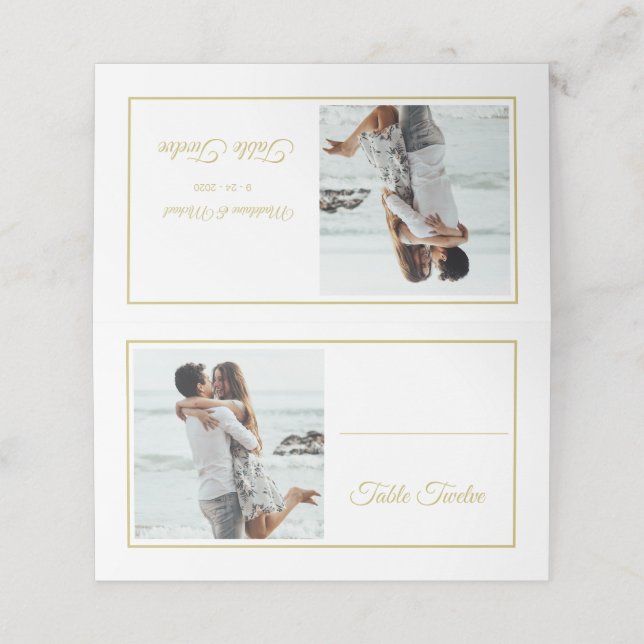 Elegantes Foto Gold Wedding Tischnummer Platzkarte (Außenseite Aufgefaltet)