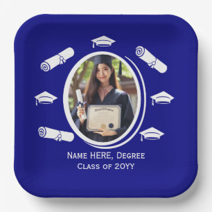 Elegantes Foto Graduation Cap Diploma in Navy Blue Pappteller
