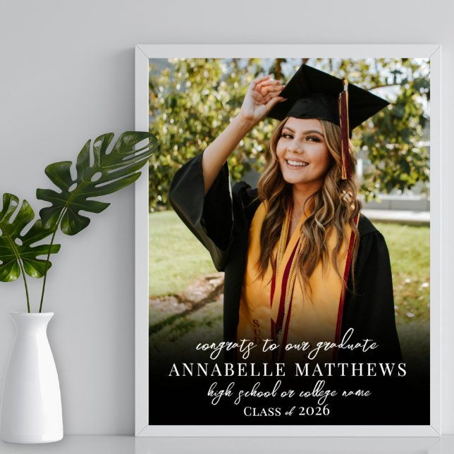 Elegantes Foto Graduation Party-Zeichen Poster (Black White Photo Graduation Party Sign)