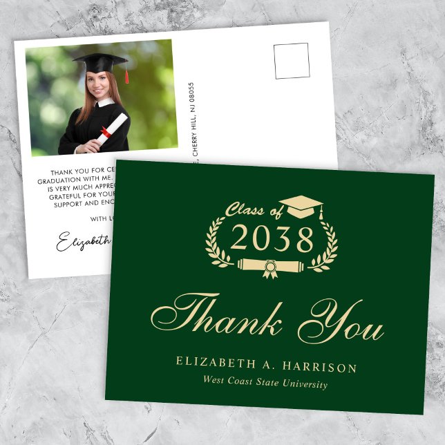 Elegantes Foto Green Gold Abschluss Vielen Dank Postkarte (An elegant photo graduation thank you card to show gratitude to friends and family for their support)