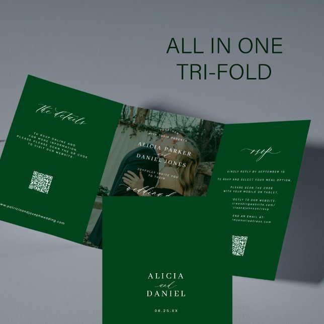 Elegantes Foto grüne Hochzeit RSVP Details QR-Code Dreifach Gefaltete Einladung (Von Creator hochgeladen)