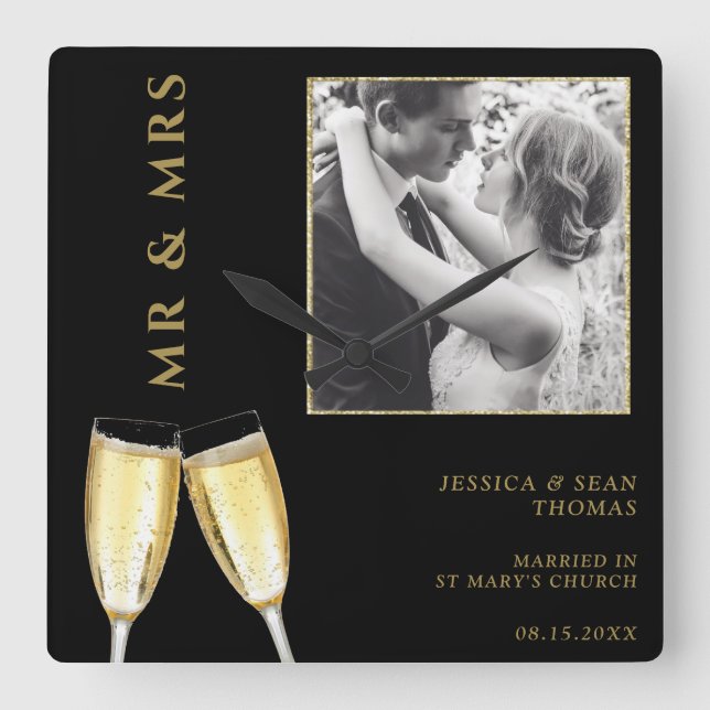 Elegantes Foto, Hochzeitssekt Quadratische Wanduhr (Vorderseite)