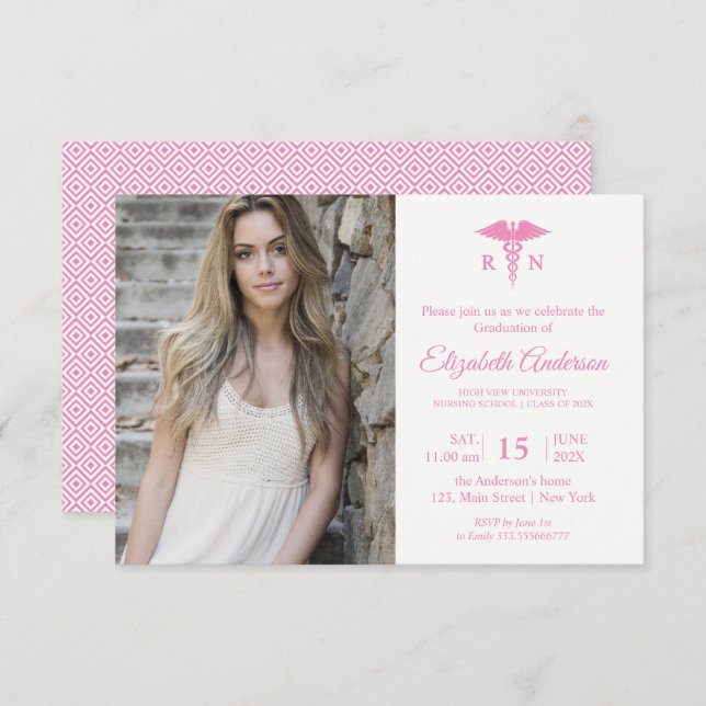 Elegantes Foto Krankenpflege Schule Abschluss Rosa Einladung (Vorne/Hinten)
