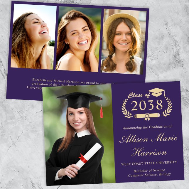 Elegantes Foto Lila Gold Uni-Abschluß Ankündigung (An elegant college graduation announcement to celebrate the graduate's achievements)