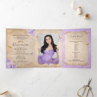 Elegantes Foto Lila und Gold Quinceanera Dreifach Gefaltete Einladung