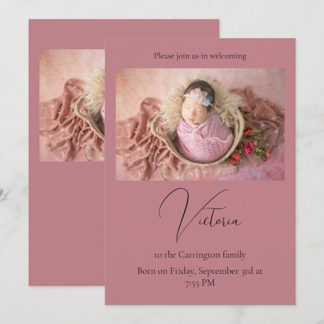 Elegantes Foto Mauve Baby Birth Announcement Card Ankündigung (Vorne/Hinten)