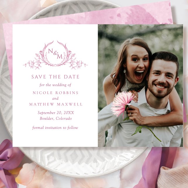 Elegantes Foto Mauve Pink Monogram Wedding Save The Date (Von Creator hochgeladen)