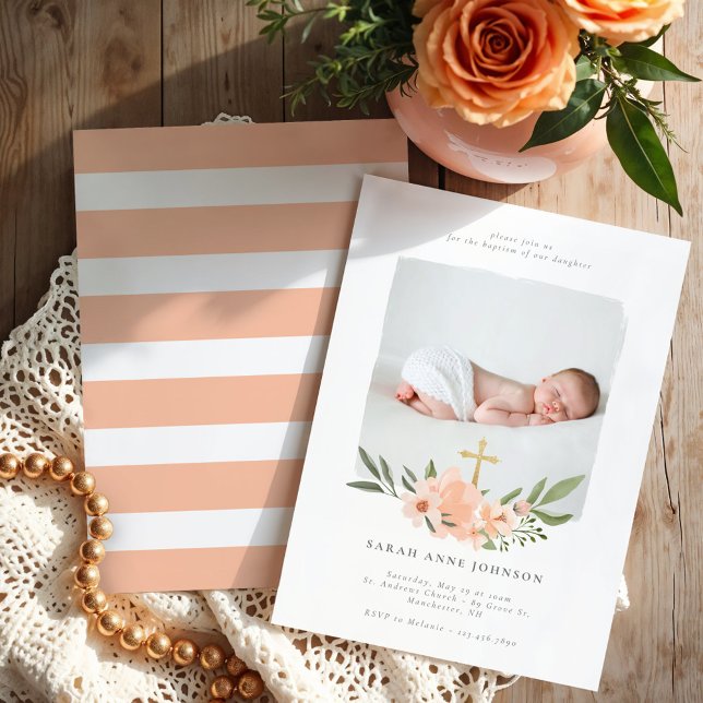 Elegantes Foto mit floraler Taufe Einladung (Elegant Watercolour Floral Cross Baptism Photo Invitation)