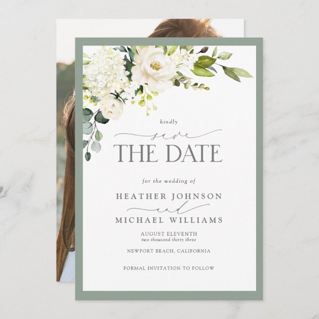 Elegantes Foto mit grauem Wasser Hochzeit Save The Date (Vorne/Hinten)