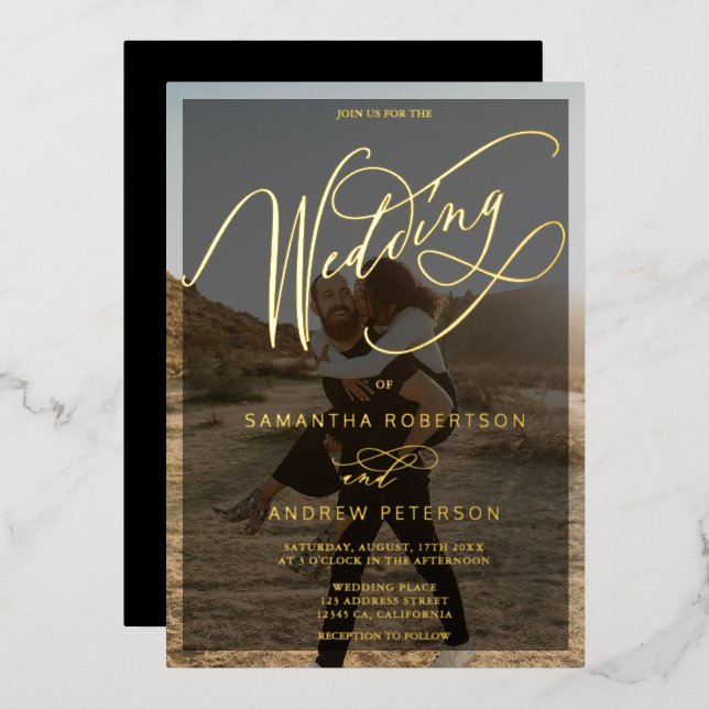 Elegantes Foto mit minimalistischem Gold Folieneinladung (Vorderseite/Rückseite)