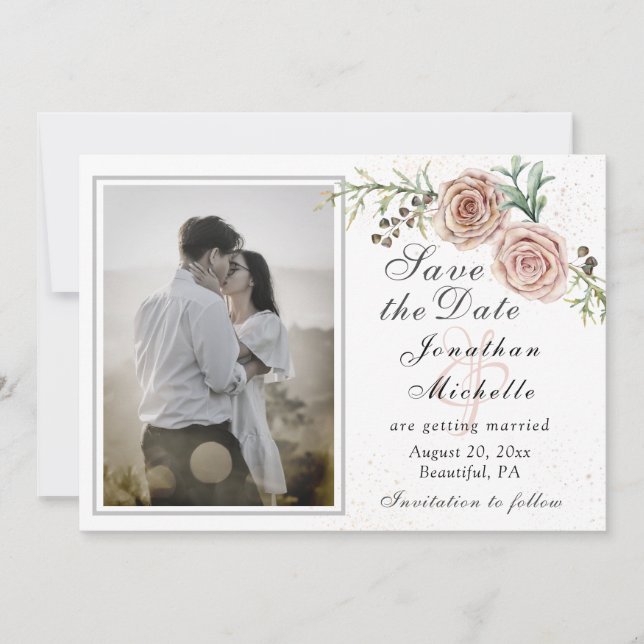 Elegantes Foto mit zwei rosa Rosen Save The Date (Vorderseite)