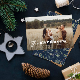 Elegantes Foto moderne minimalmarineblau botanisch Feiertagskarte