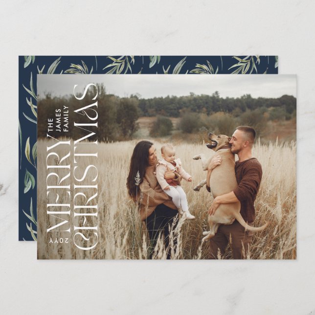 Elegantes Foto moderne minimalmarineblau botanisch Feiertagskarte (Vorne/Hinten)