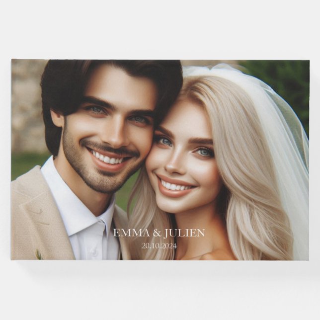 Elegantes Foto Monogramm Dusty Blue Gästebuch (Vorderseite)