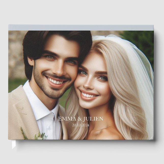 Elegantes Foto Monogramm Dusty Blue Gästebuch (Vorderseite)